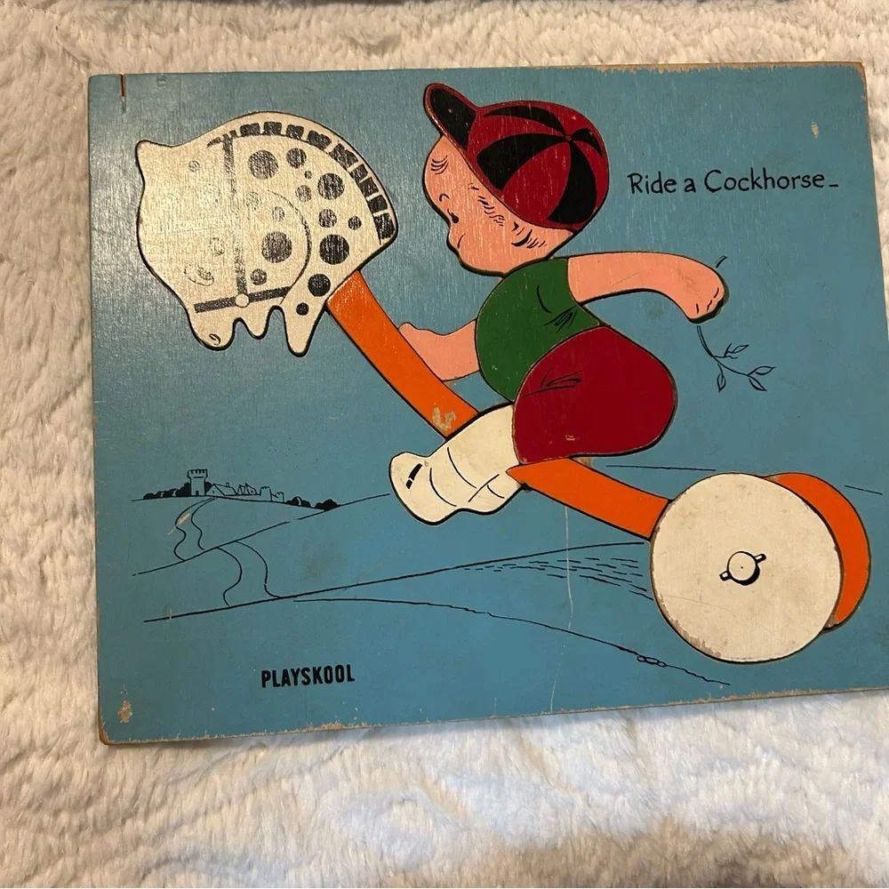 Playskool Vintage Kids Puzzle Set Panda Bear & Boy Ride a Cockhorse Horse Kid